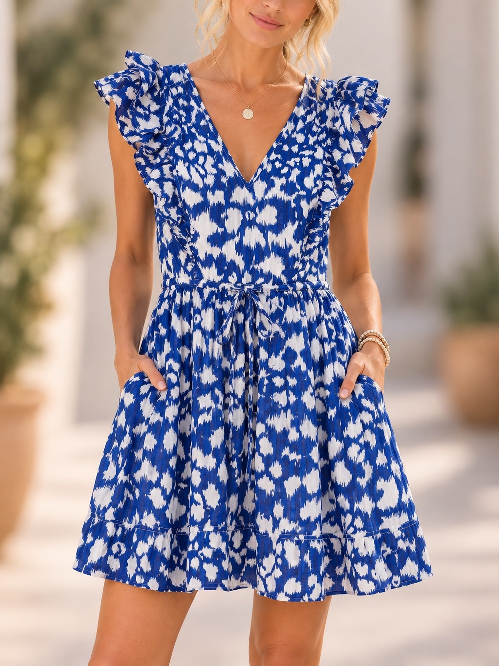 Banjanan S Felka Dress 100% Cotton Cobalt Blue Ikat Print. Ruffle Sleeves V Neck